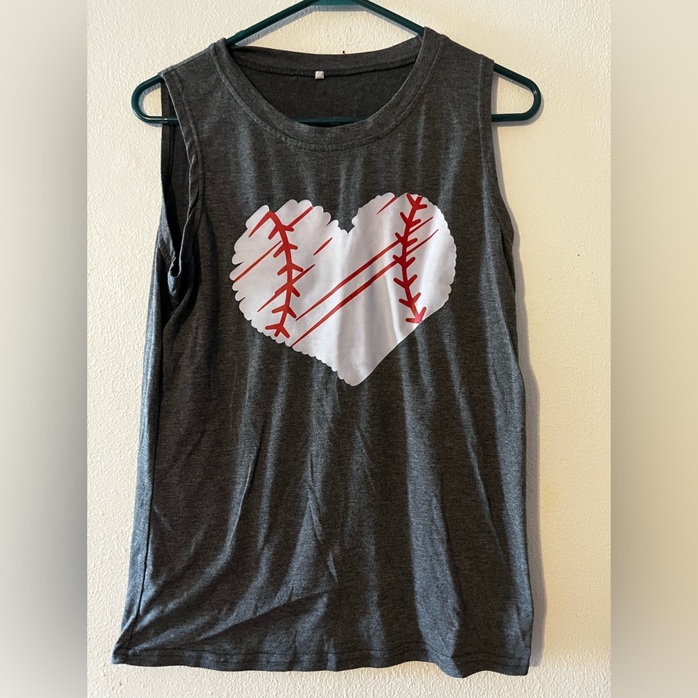Gray Sleeveless Baseball Mom Heart Tank Top Size Small